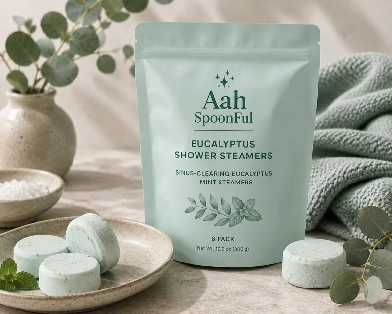Eucalyptus shower steamers with fresh eucalyptus sprigs and a soft towel