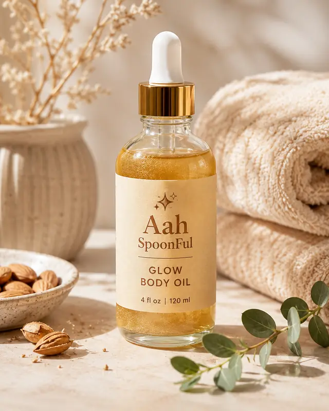 A glass dropper bottle of Glow Body Oil beside almonds, dried botanicals, and rolled towels