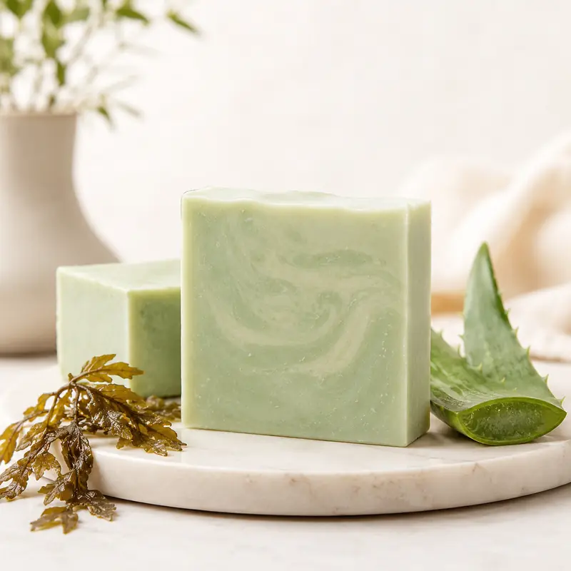 Two sage-green aloe and kelp soap bars on a marble board with an aloe leaf and dried seaweed