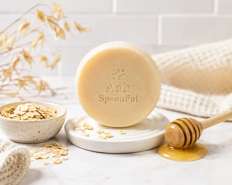 A creamy honey, milk & oats cold-process soap bar on a ceramic dish with oats and a honey dipper