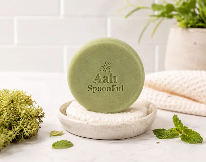 A sage-green botanical soap bar on a ceramic dish surrounded by fresh mint, moss, and a potted plant